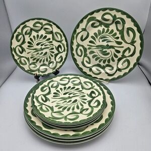 Pottery Barn Puebla Melamine Set of 4 Dinner Plates & 4 Salad Plates Green/White